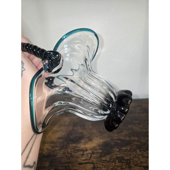 Vintage Clear & Turquoise Hand Blown Optic Glass Basket Applied Rope Handle - Picture 14 of 15